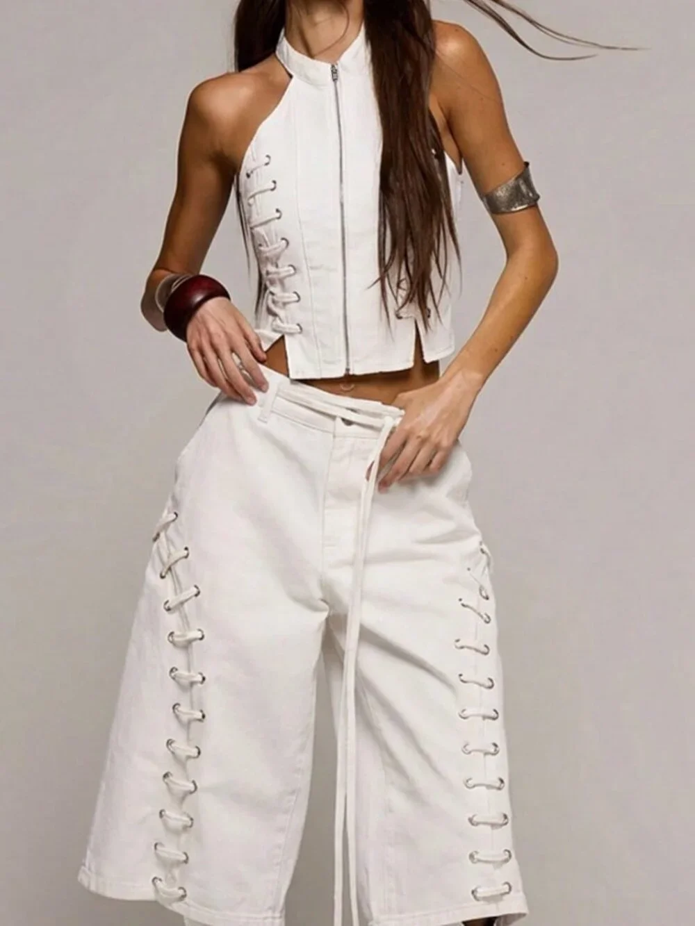 White Casual Women's High Neck Eyelet Lace-Up Fitted Longline Denim Top
